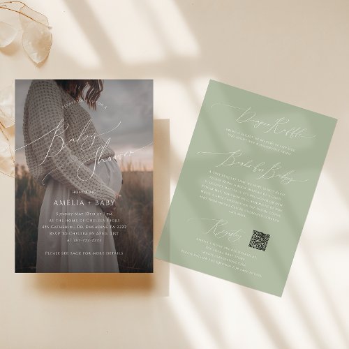 Whimsical Sage Green Photo All in One Baby Shower Invitation