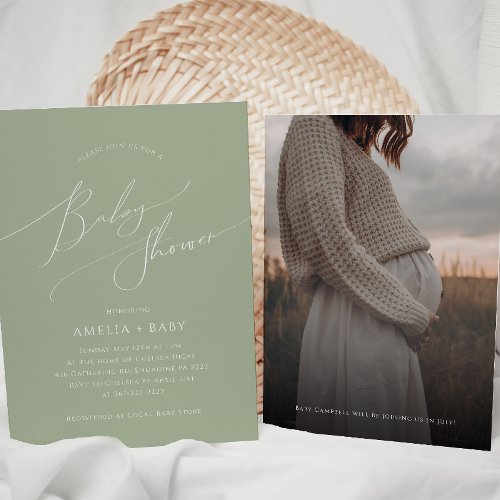 Whimsical Sage Green  Photo Baby Shower Invitation