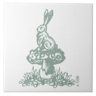 Whimsical Sage Green Rabbit on Mushroom Drawing Ceramic Tile