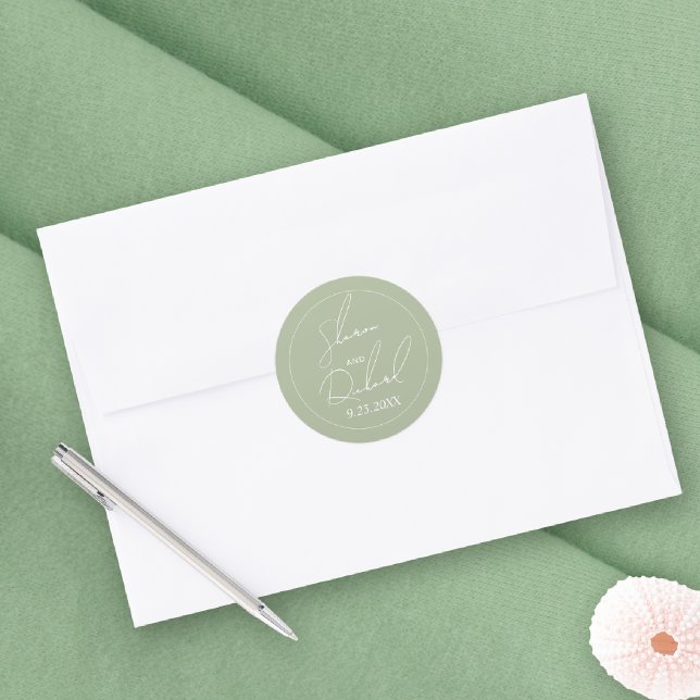 Whimsical sage green script calligraphy wedding classic round sticker (Creator Uploaded)