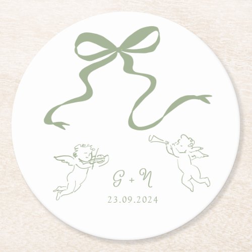 Whimsical Sage Green Wedding Napkin Round Paper Coaster