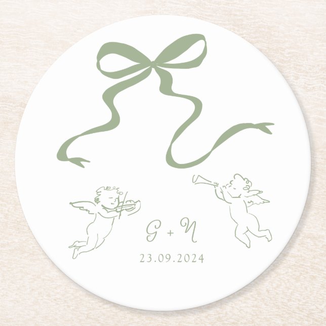 Whimsical Sage Green Wedding Napkin Round Paper Coaster (Front)