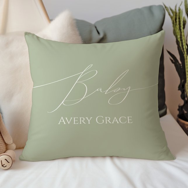 Whimsical Sage Green With Baby Name Throw Pillow (Creator Uploaded)