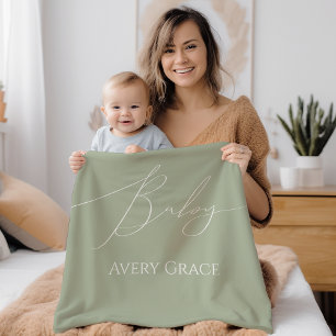Whimsical Sage Green With Name Baby Blanket