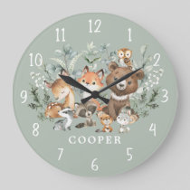 Whimsical Sage Green Woodland Animals Boy Nursery Large Clock