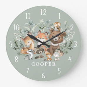 Whimsical Sage Green Woodland Animals Boy Nursery Large Clock