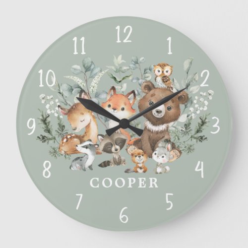Whimsical Sage Green Woodland Animals Boy Nursery Large Clock