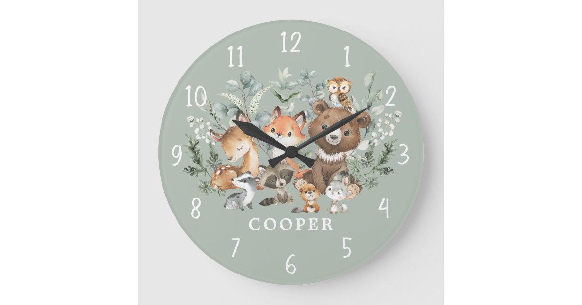 Whimsical Sage Green Woodland Animals Boy Nursery Large Clock | Zazzle