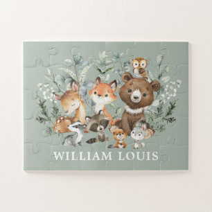 Whimsical Sage Green Woodland Animals Monogram Jigsaw Puzzle