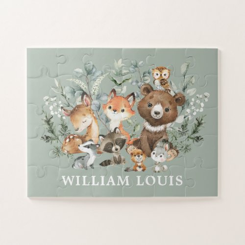 Whimsical Sage Green Woodland Animals Monogram Jigsaw Puzzle