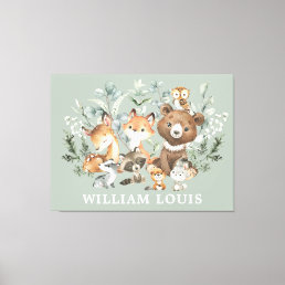 Whimsical Sage Green Woodland Forest Animals Canvas Print