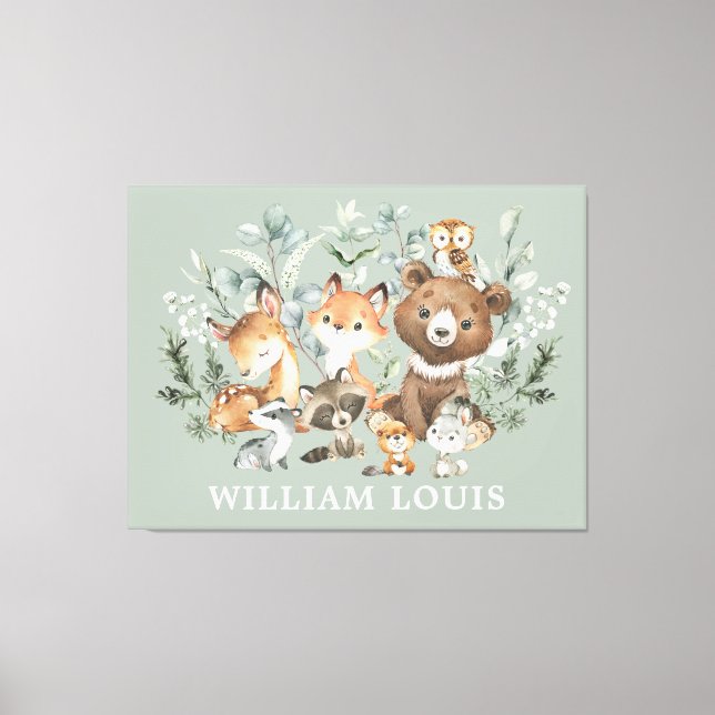 Whimsical Sage Green Woodland Forest Animals Canvas Print (Front)