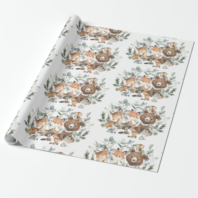 Whimsical Sage Green Woodland Forest Animals Wrapping Paper (Unrolled)