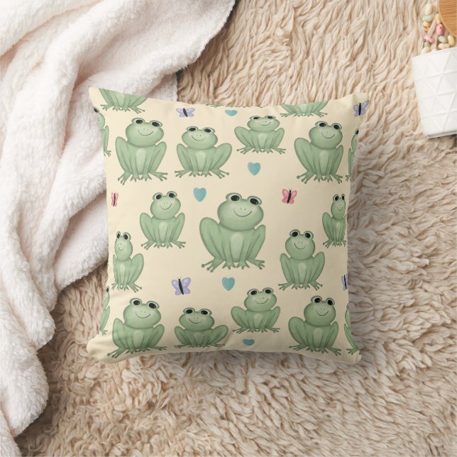 Whimsical Sage Watercolor Frog Pattern Throw Pillow (Blanket)
