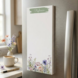 Whimsical Sage Watercolor Wildflower Magnetic Notepad