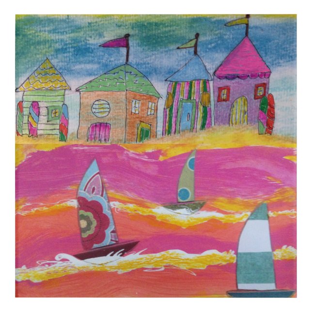 Whimsical Sailboats and Beach Huts Acrylic Print (Front)