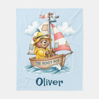 Whimsical Sailor Bear on Sailboat Fleece Blanket