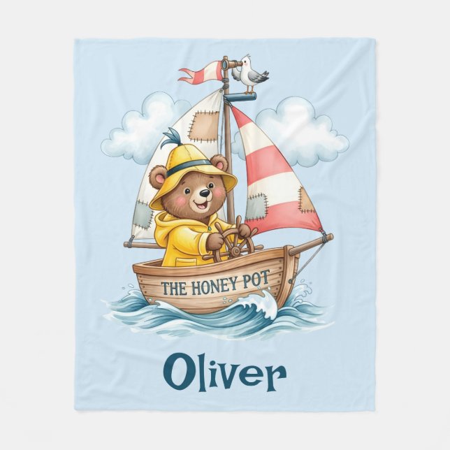 Whimsical Sailor Bear on Sailboat Fleece Blanket (Front)