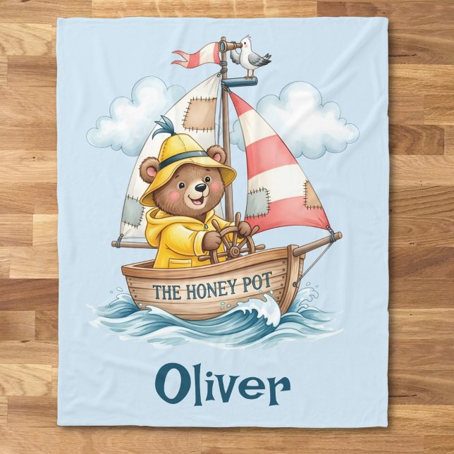 Whimsical Sailor Bear on Sailboat Fleece Blanket (Creator Uploaded)