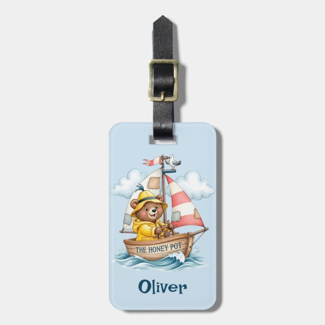 Whimsical Sailor Bear on Sailboat  Luggage Tag (Front Vertical)
