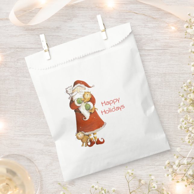 Whimsical Santa and Cats Holiday Favor Bag (Clipped)