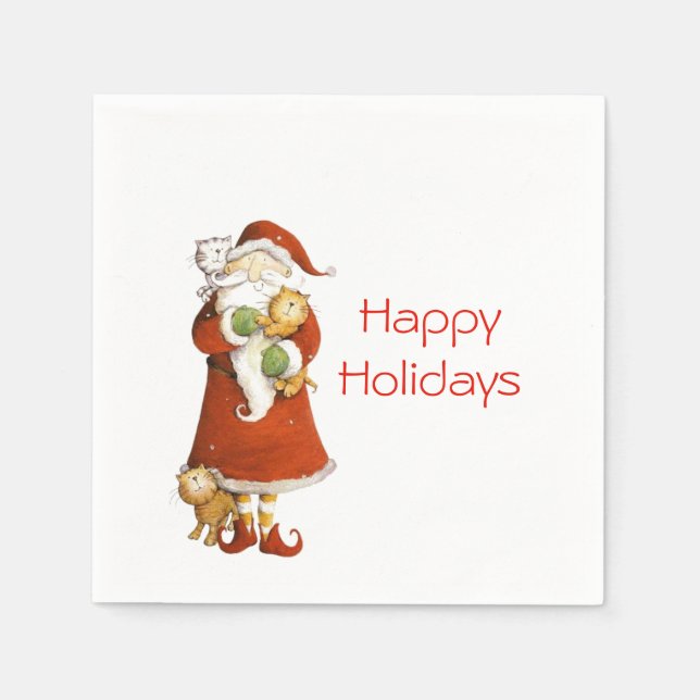 Whimsical Santa and Cats Holiday Napkins (Front)