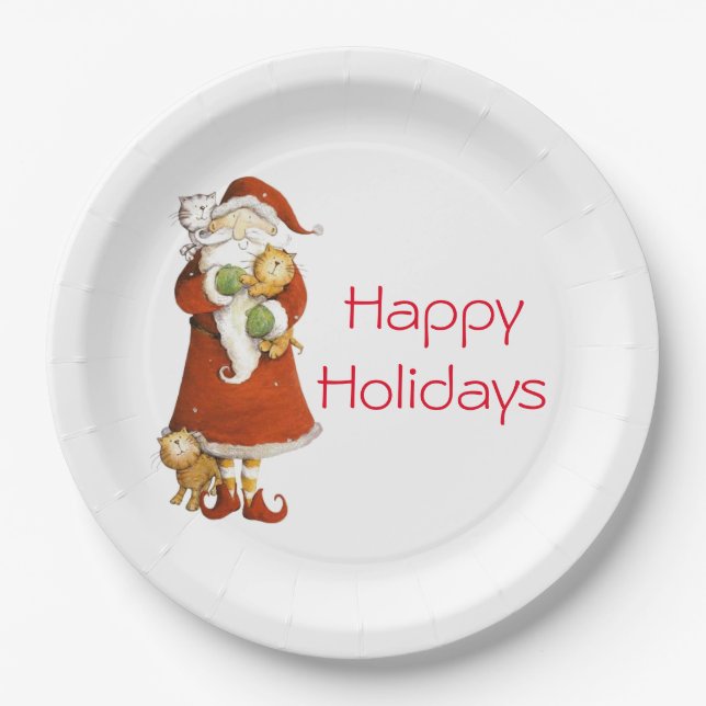 Whimsical Santa and Cats Holiday Paper Plates (Front)