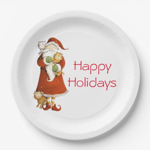 Whimsical Santa and Cats Holiday Paper Plates