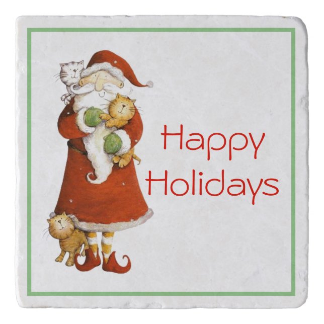 Whimsical Santa and Cats Holiday Trivet (Front)