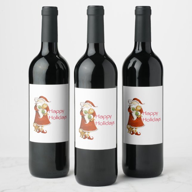 Whimsical Santa and Cats Holiday Wine Label (Bottles)