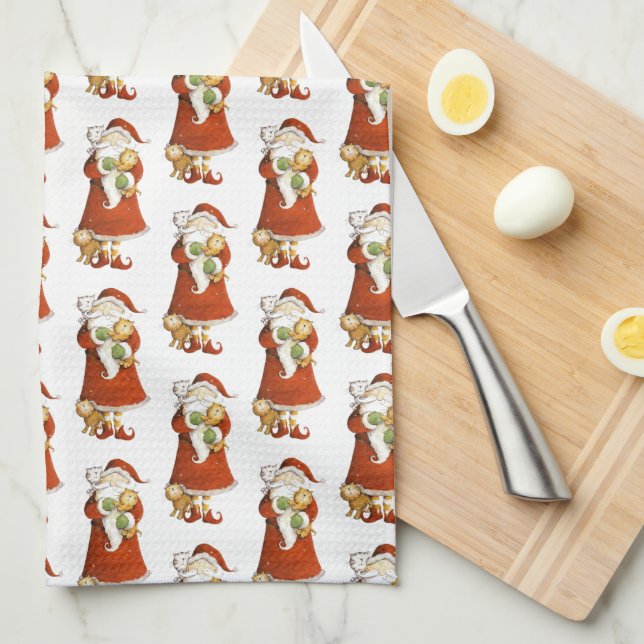 Whimsical Santa & Cats Kitchen Towel (Quarter Fold)