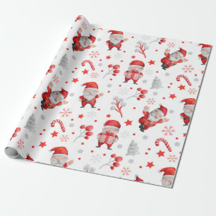 Whimsical Santa Claus, Candy Canes, Trees, Stars Wrapping Paper