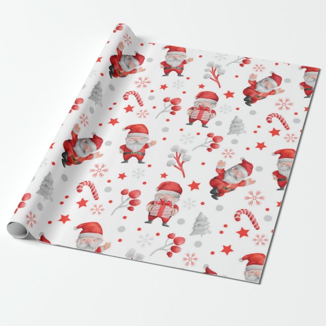 Whimsical Santa Claus, Candy Canes, Trees, Stars Wrapping Paper (Unrolled)