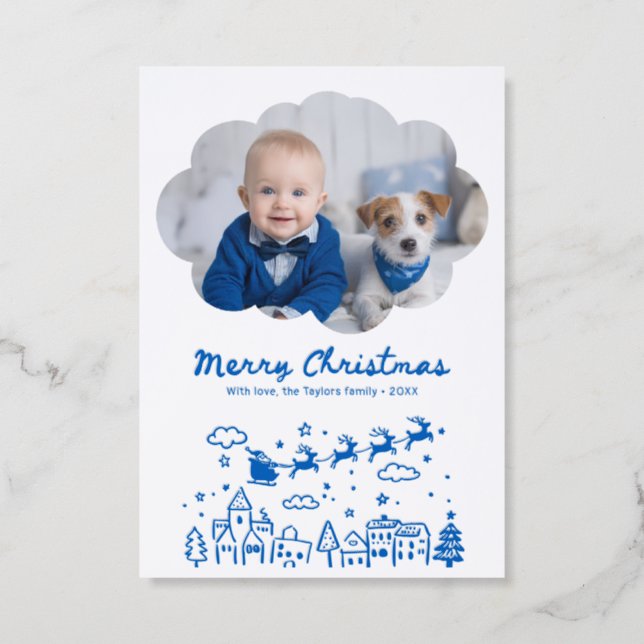 Whimsical Santa Claus Cute Hand Drawn Christmas Letterpress Photo Cards (Front)