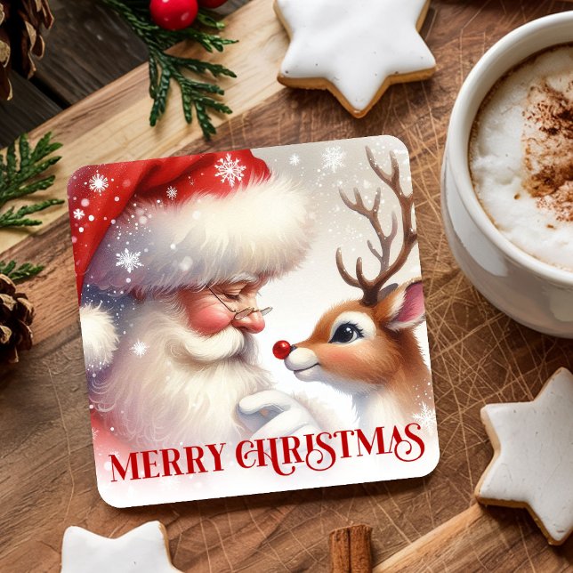Whimsical Santa Claus Rudolph Holiday Paper Coaste Square Paper Coaster (Whimsical Santa Claus Rudolph Holiday Paper Coasters)