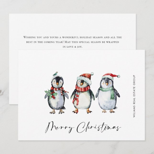 Whimsical Santa Penguins Christmas Corporate Holiday Card (Front/Back)