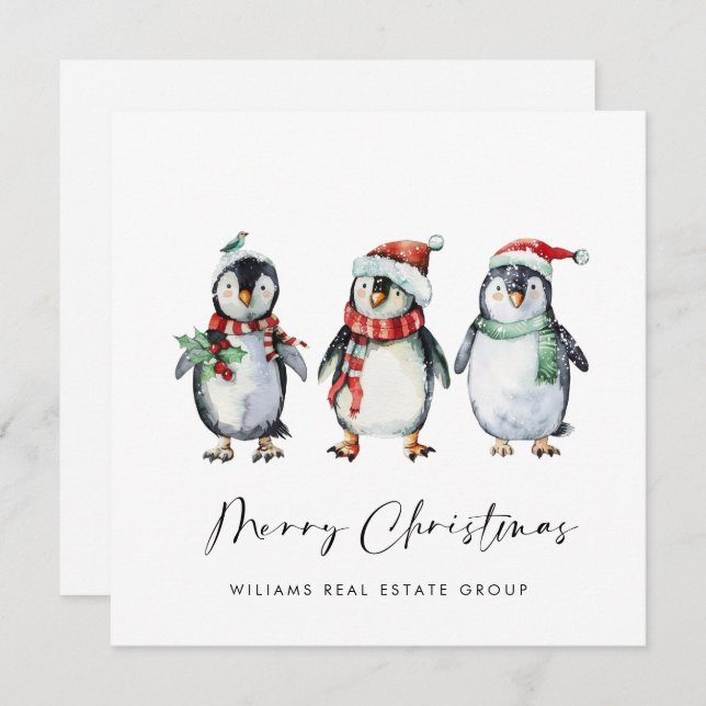 Whimsical Santa Penguins Christmas Corporate Holiday Card (Front/Back)
