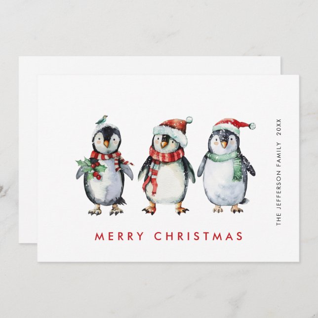 Whimsical Santa Penguins Christmas Holiday Card (Front/Back)