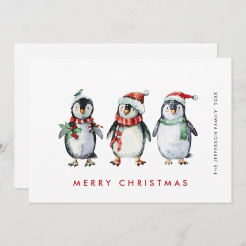 Whimsical Santa Penguins Christmas Holiday Card