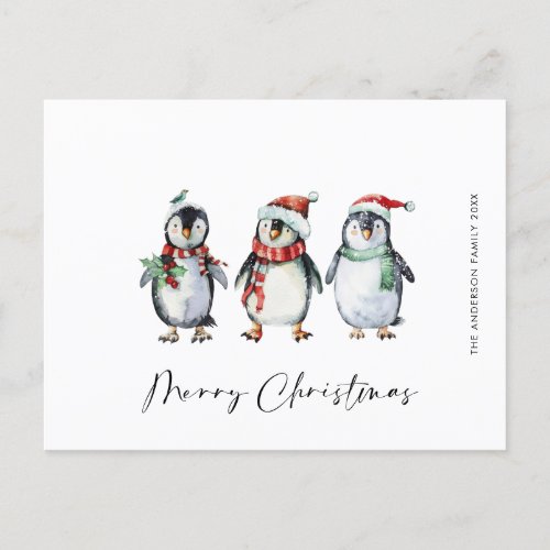 Whimsical Santa Penguins Christmas Holiday Postcard