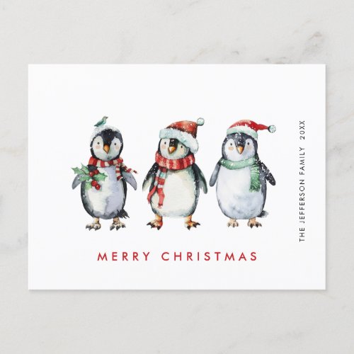 Whimsical Santa Penguins Christmas Holiday Postcard