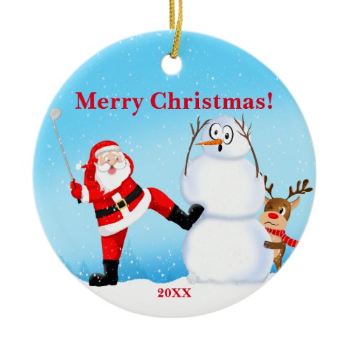 Whimsical Santa Playing Golf, Snowman And Reindeer Ceramic Ornament