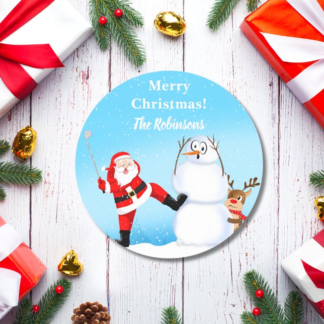 Whimsical Santa Playing Golf, Snowman And Reindeer Classic Round Sticker (Creator Uploaded)
