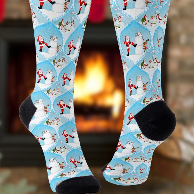 Whimsical Santa Playing Golf, Snowman And Reindeer Socks (Festive Christmas golf socks: Santa tackles rough with snowman and reindeer watching!)