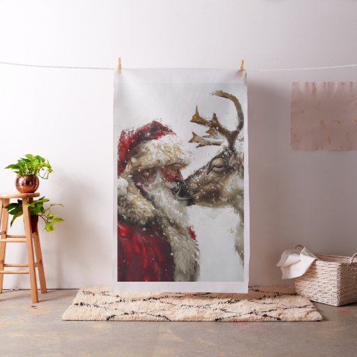 Whimsical Santa & Rudolph Nose to Nose  Fabric
