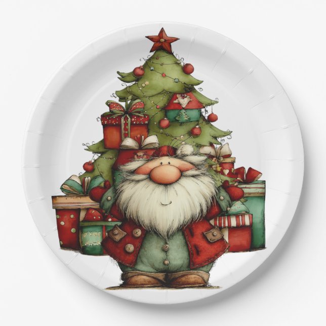 Whimsical Santa With Tree Paper Plates (Front)