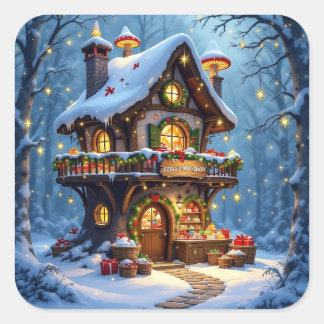 Whimsical Santa's Workshop Christmas Square Sticker