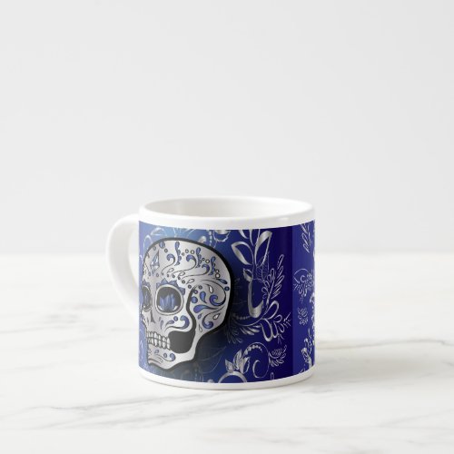 Whimsical sapphire blue and silver skull espresso cup
