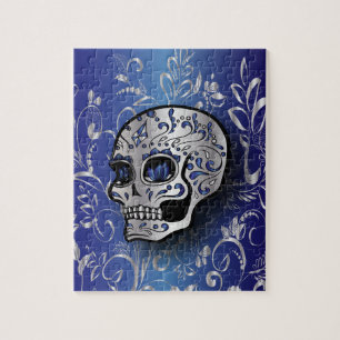 Whimsical sapphire blue and silver skull jigsaw puzzle