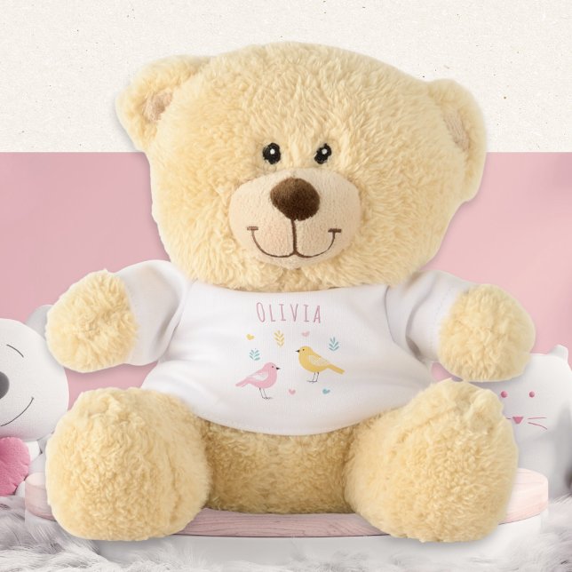 Whimsical Scandi Birds Cute Personalized Teddy Bear (A personalized teddy bear with cute, whimsical birds, hearts and leaves in a pastel Scandi style)